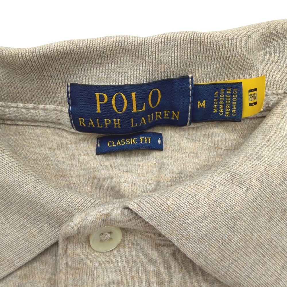 Polo Ralph Lauren Polo Shirt Medium Tan Long Sleeve Classic Fit Heathered Pony - Picture 2 of 6